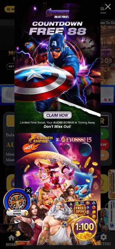 Golden Empire Casino mobile home screen with AUD account access and casino games