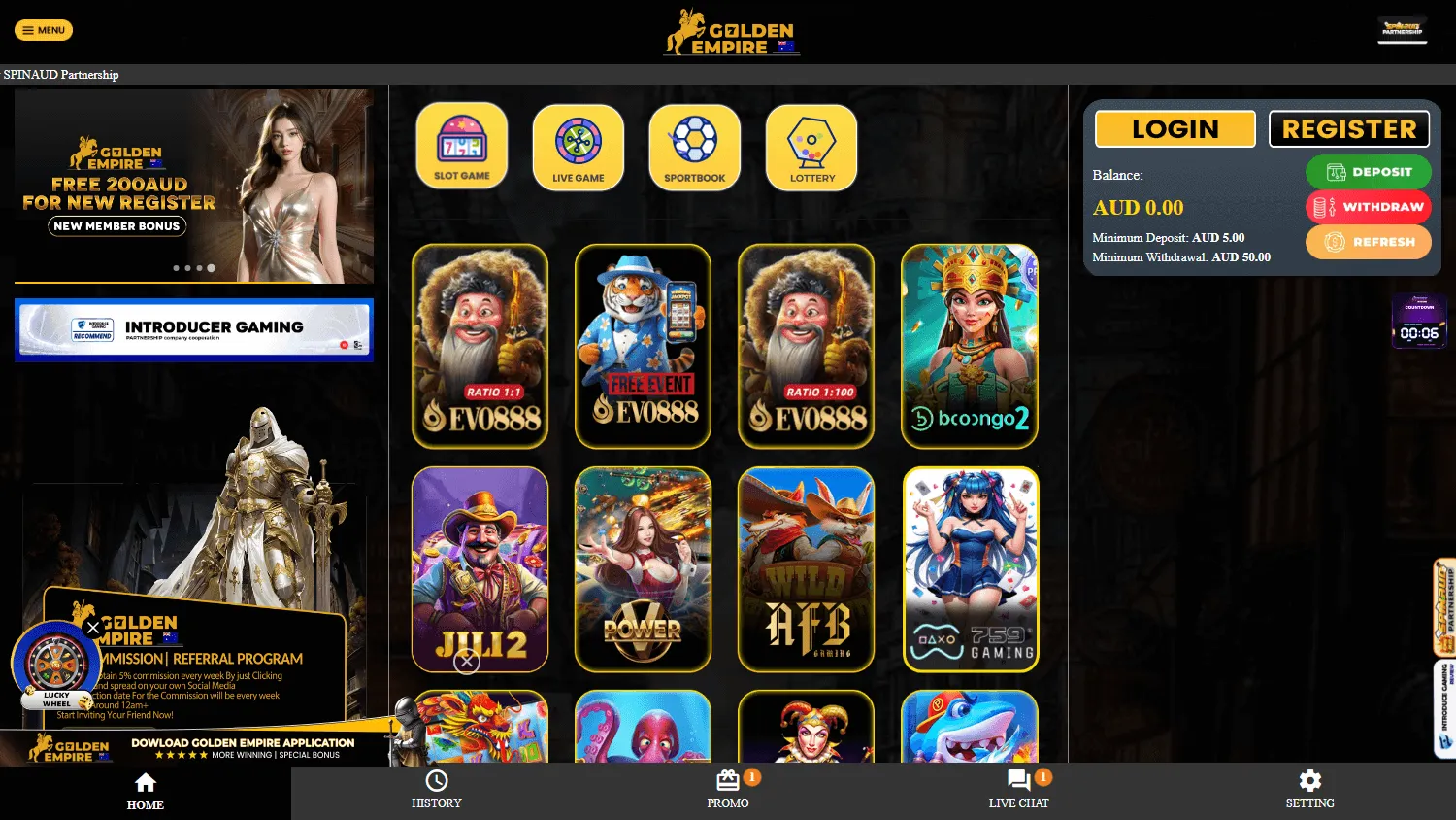Golden Empire Casino desktop home screen with AUD account access and casino offerings
