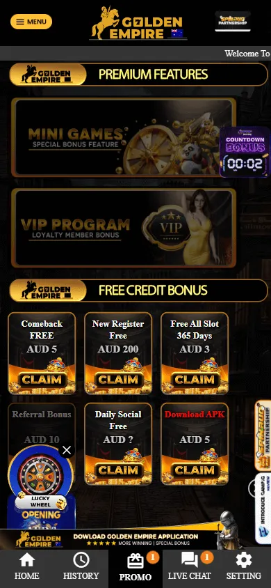 Golden Empire Casino mobile promotions area with bonus, VIP and referral features
