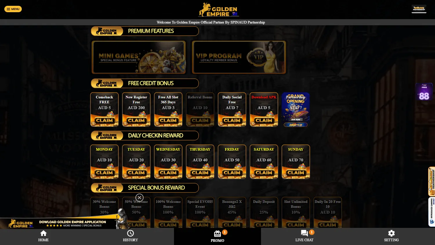 Golden Empire Casino desktop promotions area with VIP, events and referral features